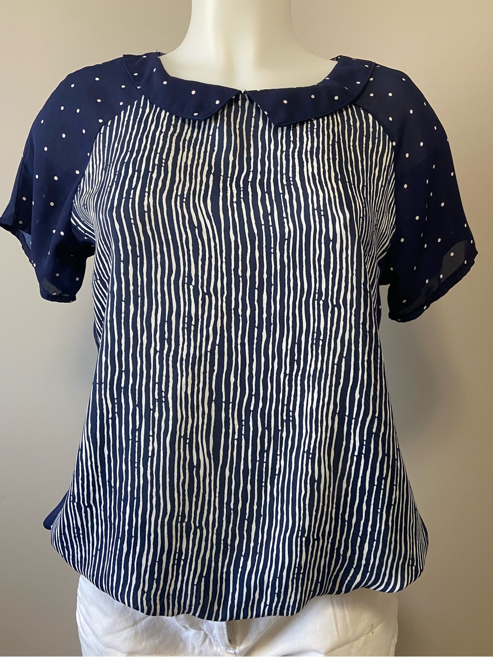 Paperdolls - Navy and White Striped Front with Polka Dot Sleeve Peter Collar Top